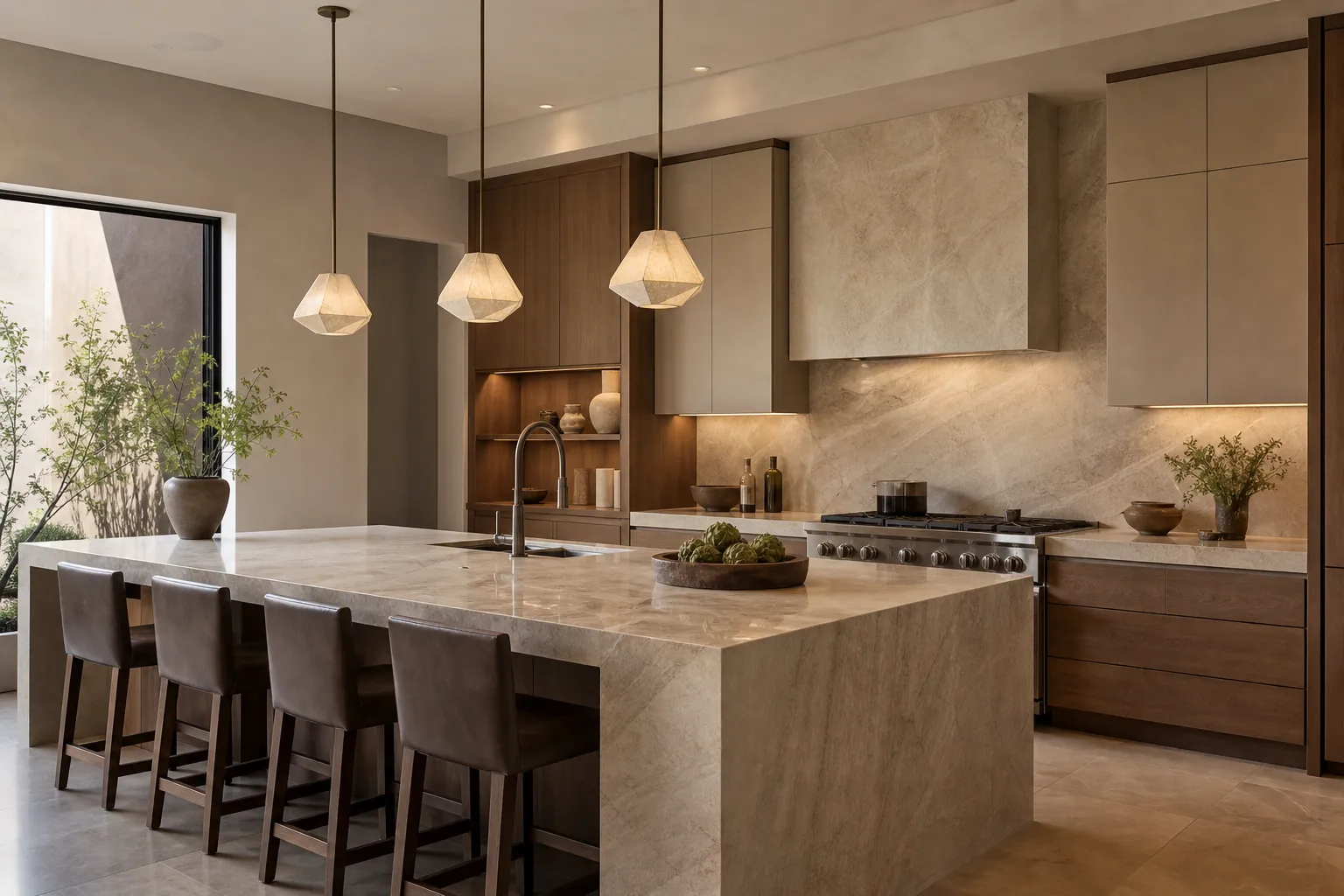 Custom kitchen design in Las Vegas with quartzite island, floor-to-ceiling cabinetry, and professional range by DHCC Builder