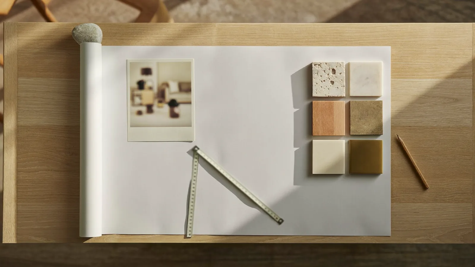 Blank plans, finish samples and a folding rule for discussing an interior remodeling scope