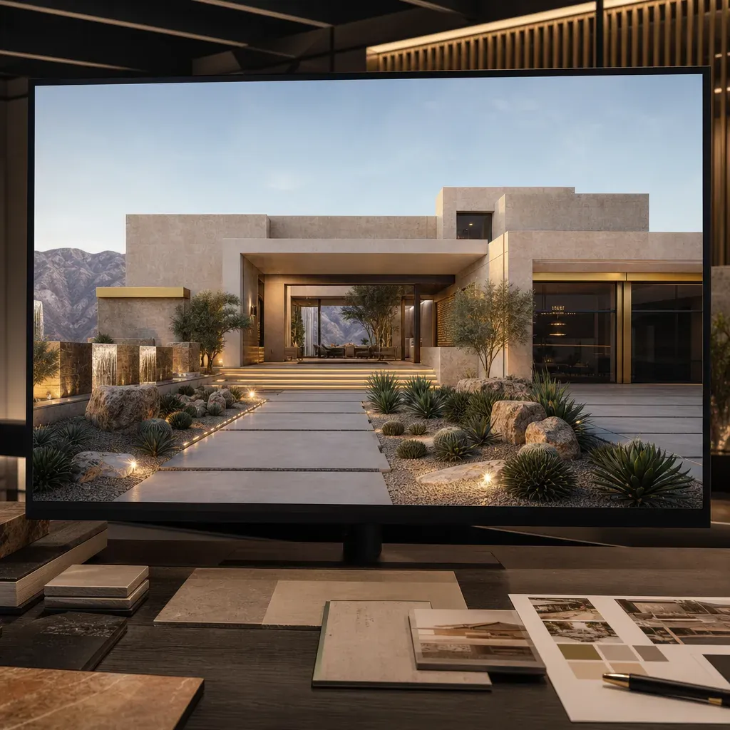 3D architectural rendering of custom luxury home Las Vegas desert modern design