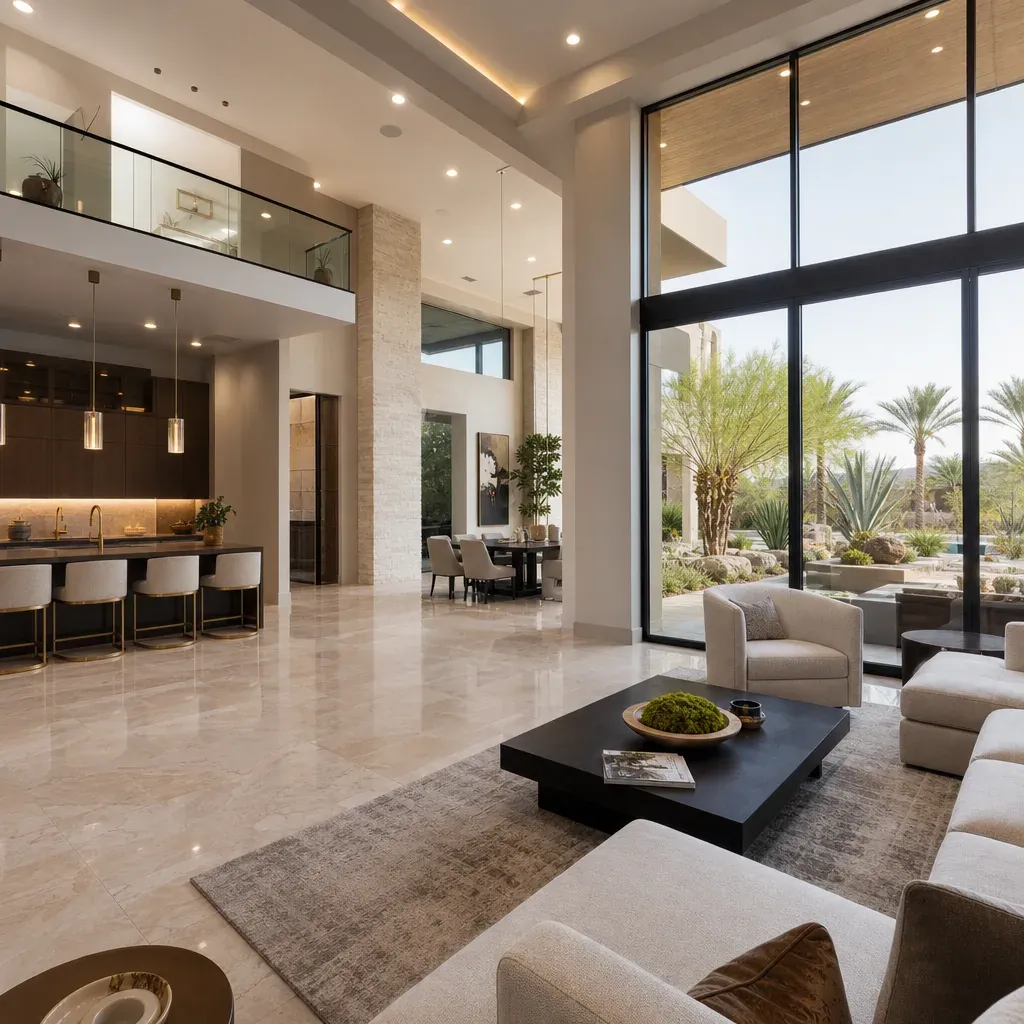 Luxury custom home open-plan living interior Las Vegas warm neutral tones stone flooring