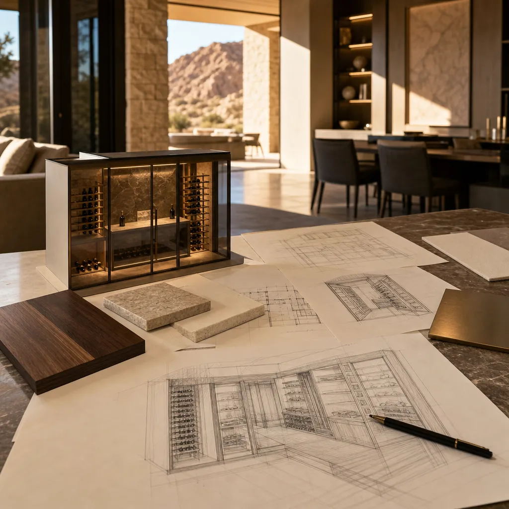 Custom wine cellar design planning with materials and architectural model