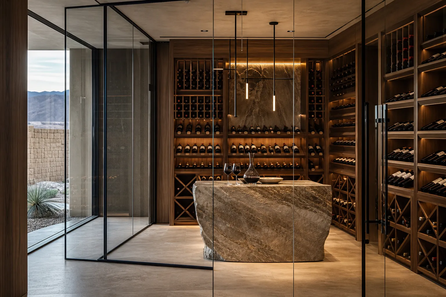 Custom wine cellar design in Las Vegas with walnut storage and stone tasting island