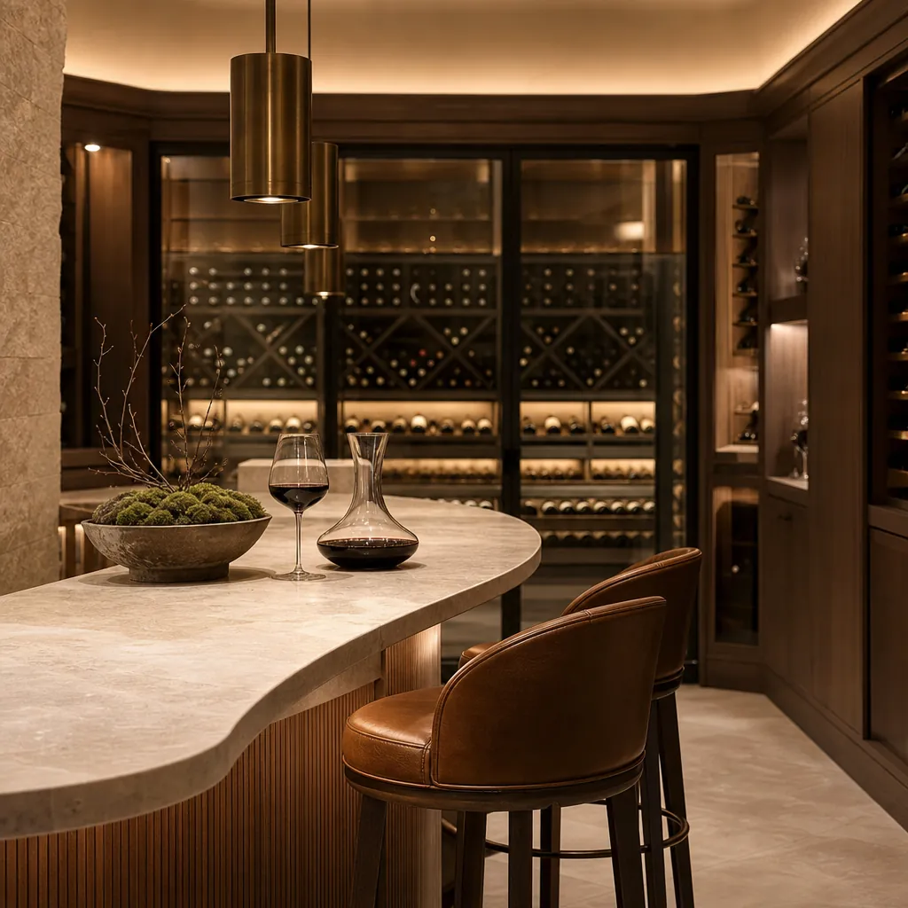 Luxury wine cellar tasting area with stone counter and custom wine storage