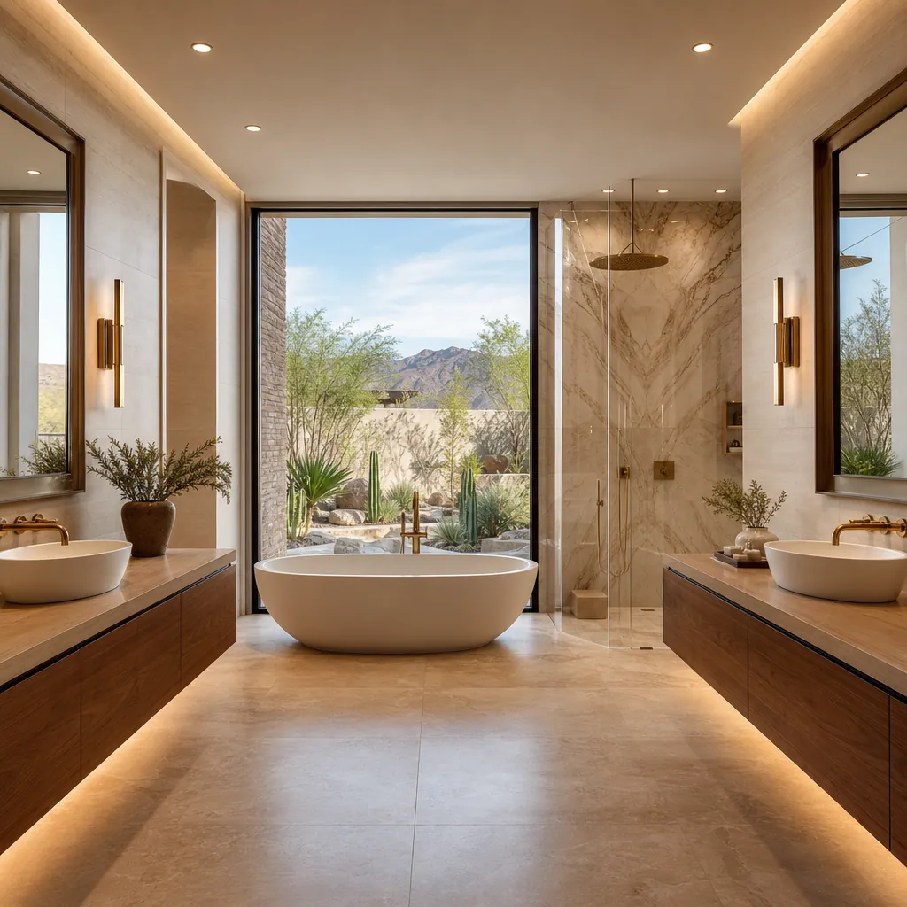 spa-inspired master bathroom in a Las Vegas luxury custom home by DHCC Builder