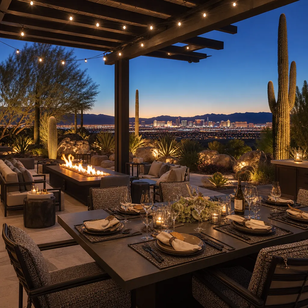 Luxury Las Vegas backyard outdoor entertaining area with pergola fire table and pool