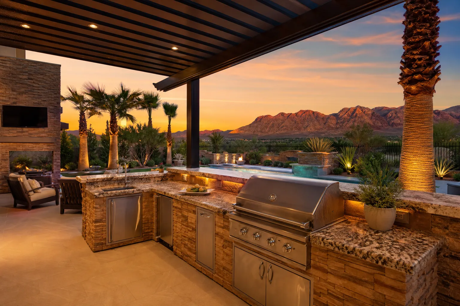Luxury outdoor kitchen Las Vegas with custom BBQ island and covered pergola
