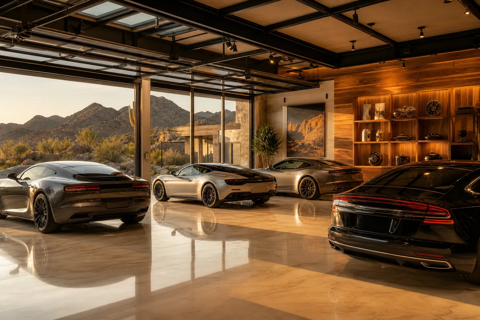 Custom garage design in Las Vegas with polished flooring and glass doors framing a desert mountain view