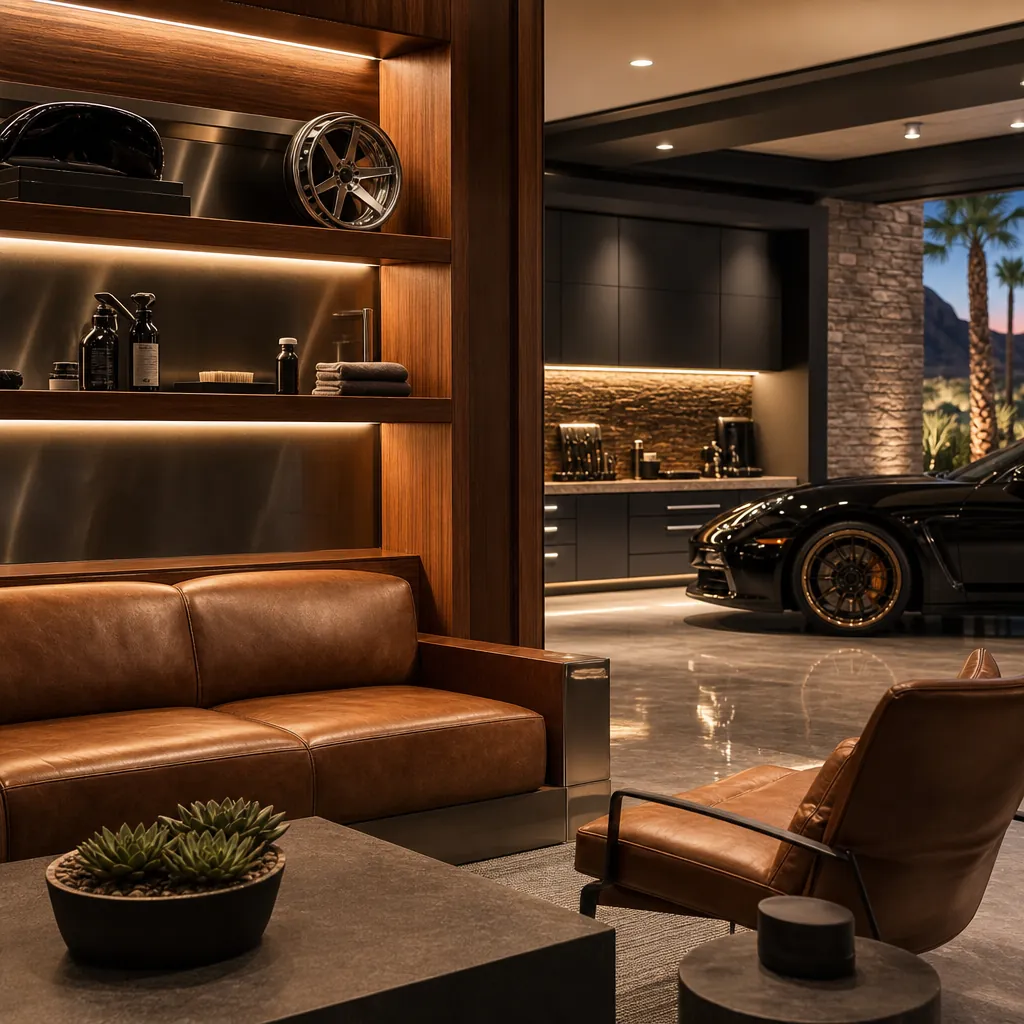 Custom garage lounge seating and display shelving with a luxury car in a Las Vegas home