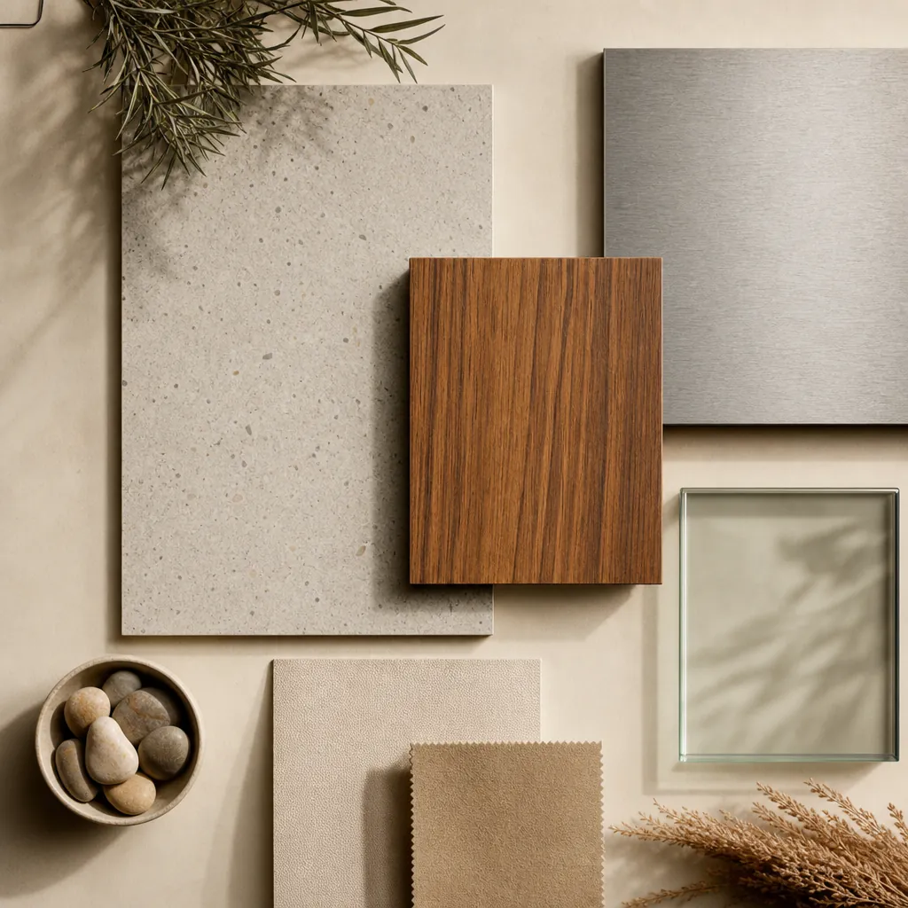 Materials mood board for a custom garage design in Las Vegas with stone, wood, steel, and glass samples