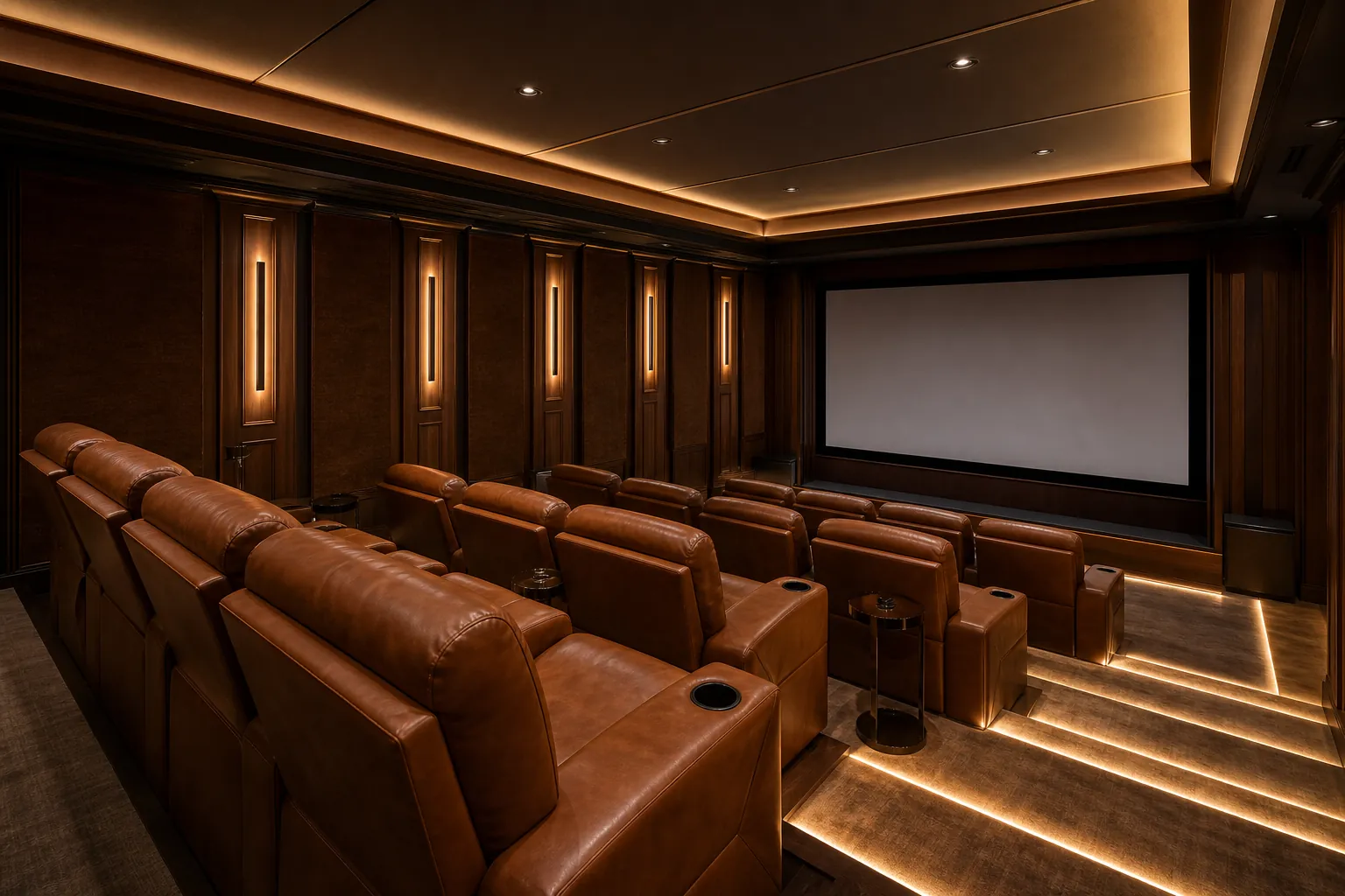 Custom home theater design in Las Vegas with tiered leather seating and warm walnut millwork