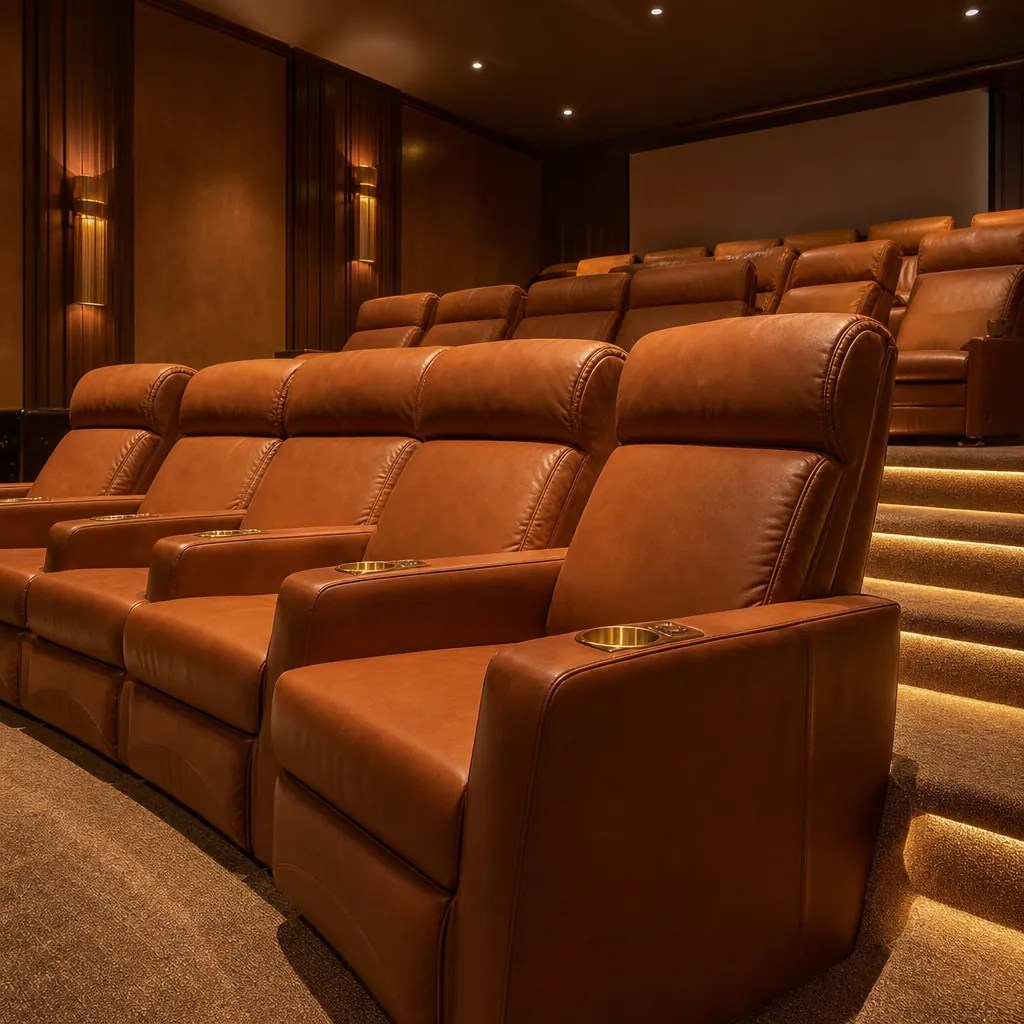 Luxury home theater seating area with tiered risers and ambient accent lighting