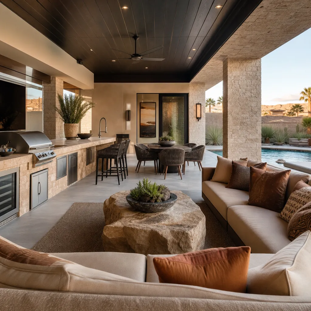 Custom pool house cabana kitchen and lounge seating beside a Las Vegas backyard pool