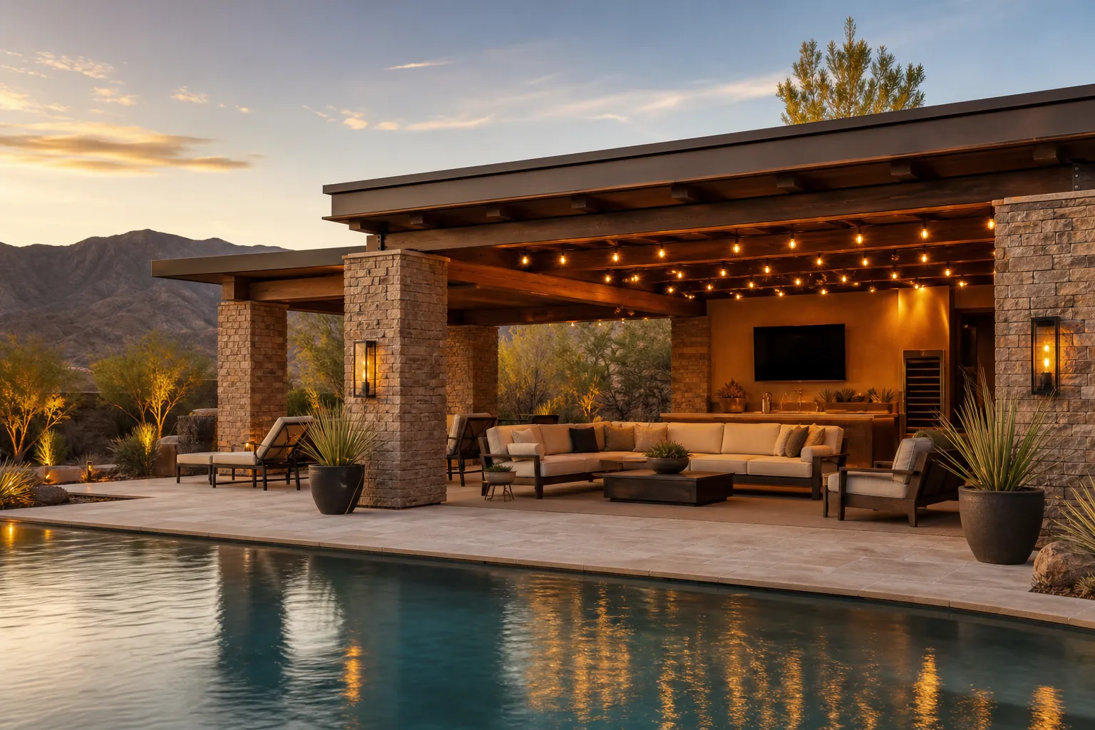 Custom pool house design in Las Vegas with covered cabana, pool, and desert landscaping