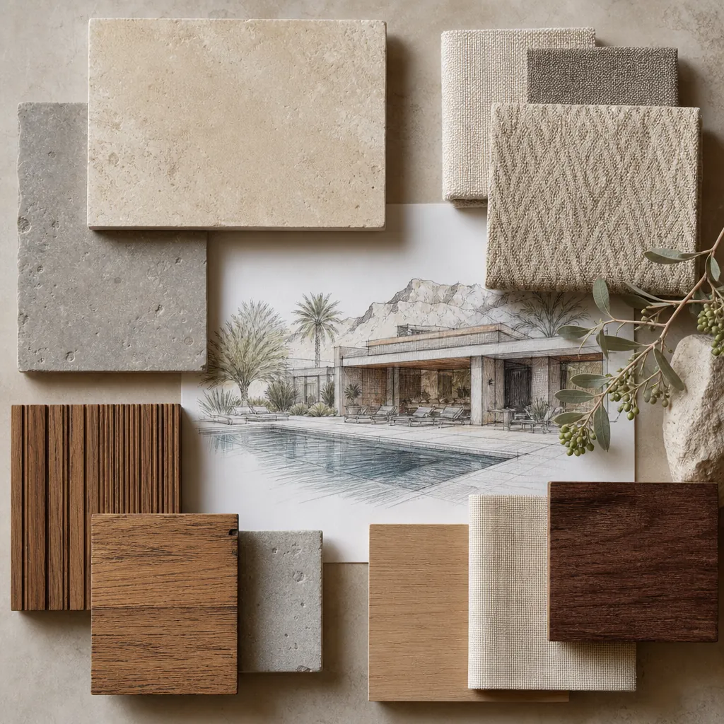 Custom pool house design planning with stone and wood material samples in Las Vegas