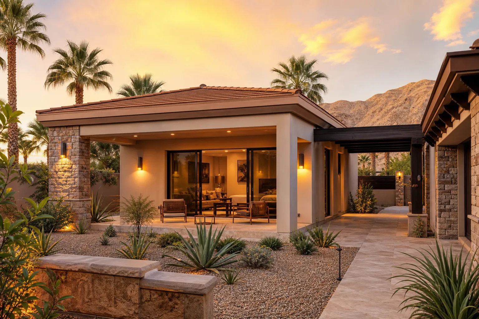 Custom guest casita design in Las Vegas with a covered patio, stone accents, and desert landscaping at golden hour