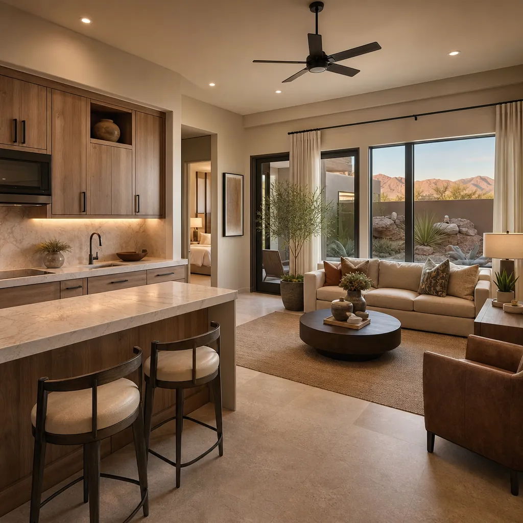 Warm kitchenette and living area inside a custom guest casita in Las Vegas with desert mountain views