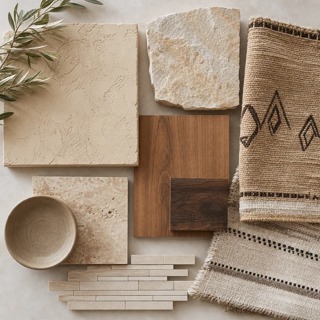 Materials mood board of stone, wood, and desert textiles for a custom guest casita design in Las Vegas