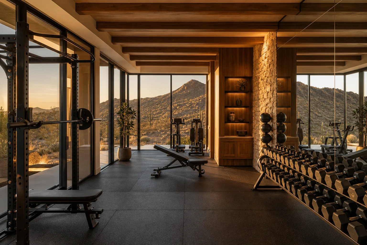 Custom home gym design in Las Vegas with floor-to-ceiling windows, warm wood accents, and desert mountain views