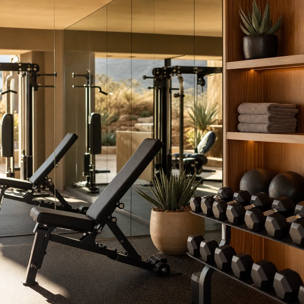 Mirrored wall and rubber flooring in a custom home gym design in Las Vegas with a weight rack and natural light