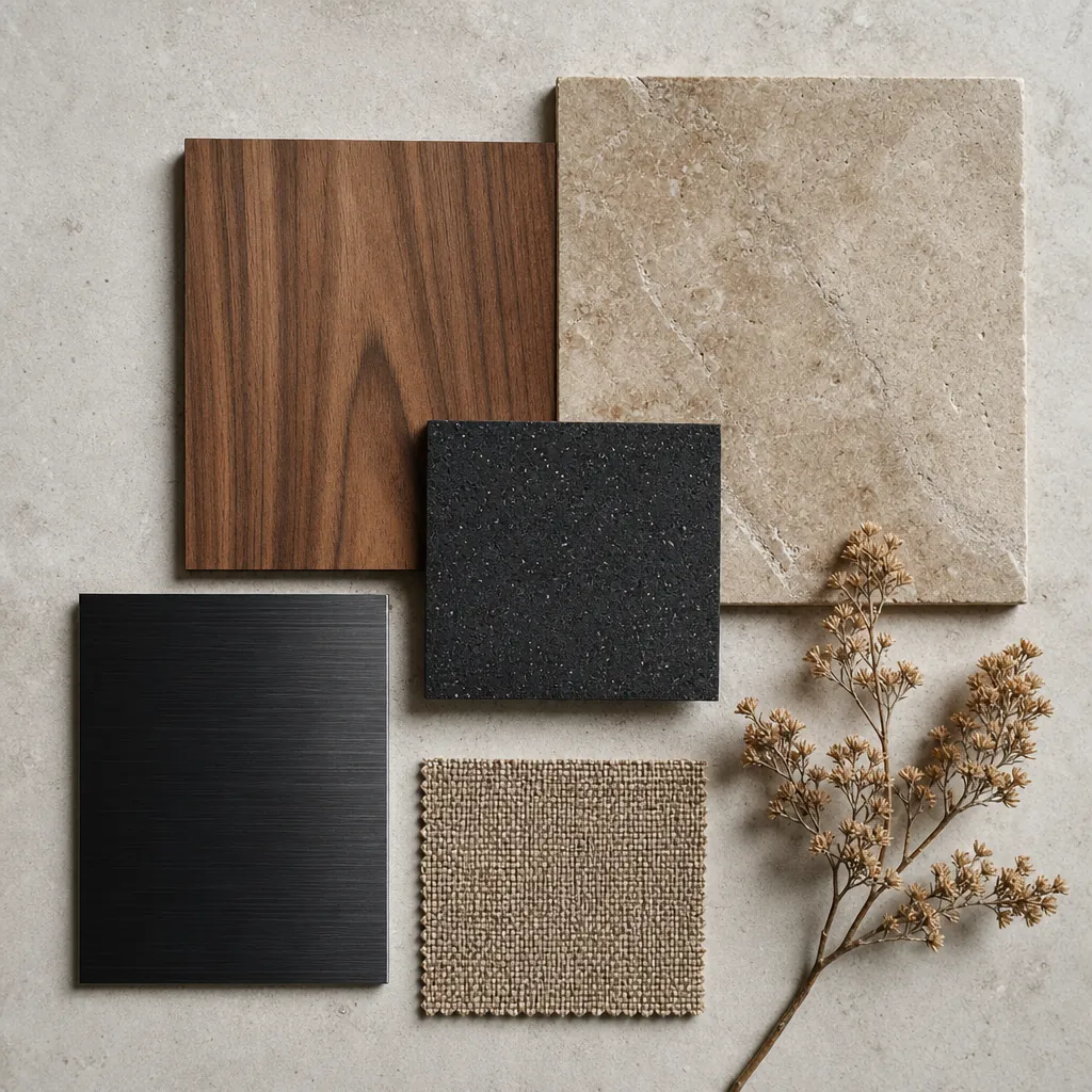 Materials mood board of wood, stone, and matte black metal for a custom home gym design in Las Vegas