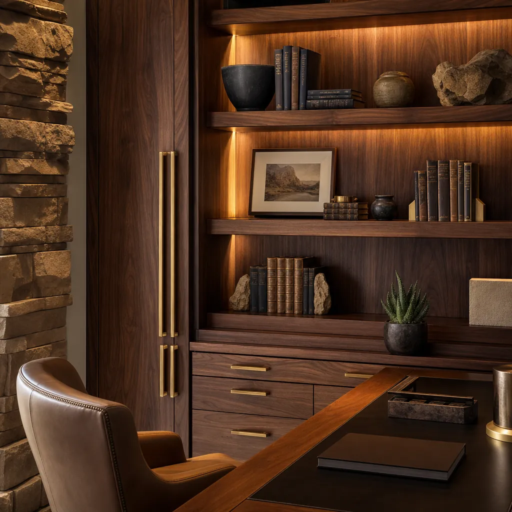 Custom home office design in Las Vegas built-in walnut shelving with brass hardware and warm accent lighting