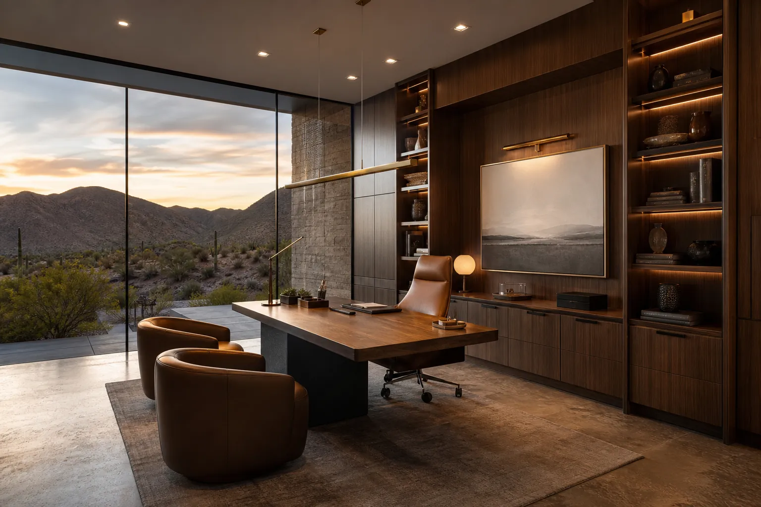 Custom home office design in Las Vegas with floor-to-ceiling windows, walnut built-ins, and desert mountain views