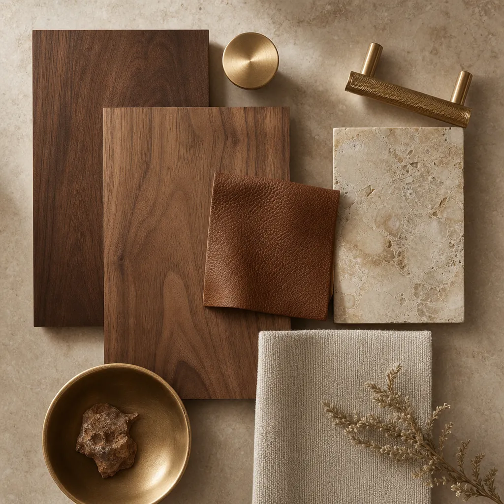 Custom home office design in Las Vegas materials mood board with walnut, brass, leather, and stone finishes