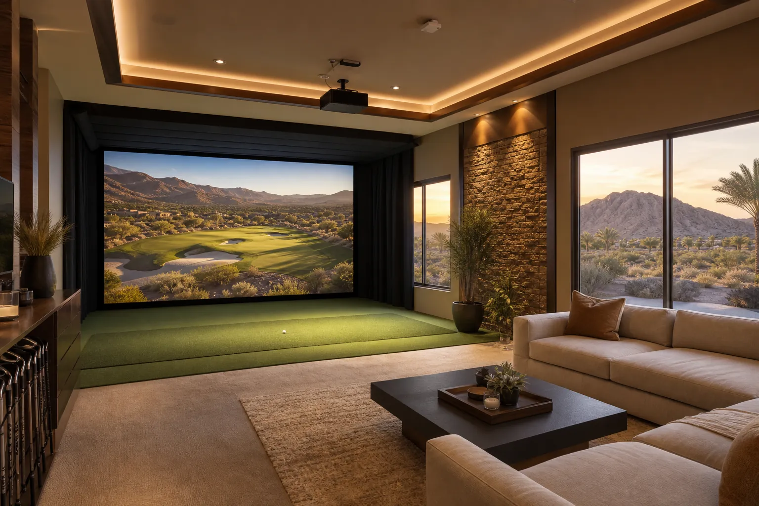 Custom golf simulator room design in Las Vegas with desert view