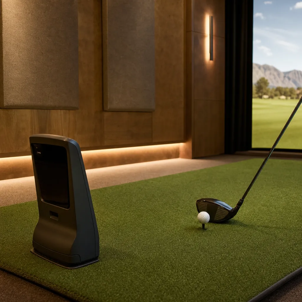 Launch monitor and hitting zone in a custom golf simulator room design in Las Vegas