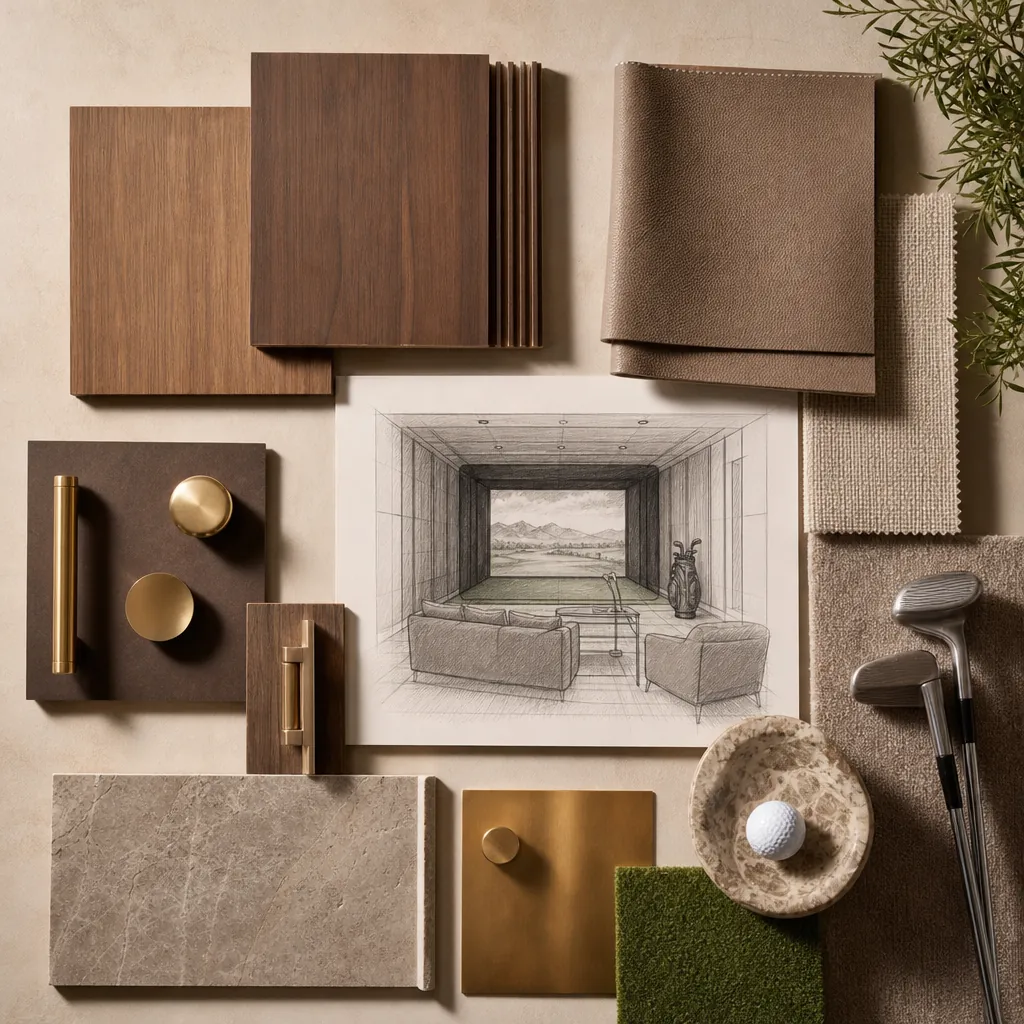 Materials and layout mood board for custom golf simulator room design in Las Vegas