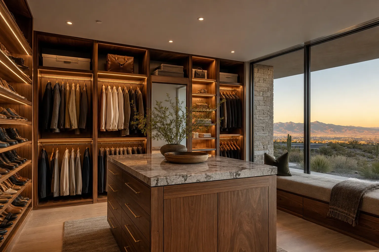 Custom walk-in closet design in Las Vegas with walnut cabinetry, marble-top island, and desert mountain view