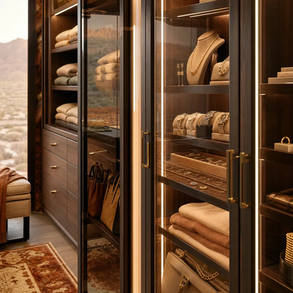 Glass-front jewelry cabinet detail from a custom walk-in closet design in Las Vegas