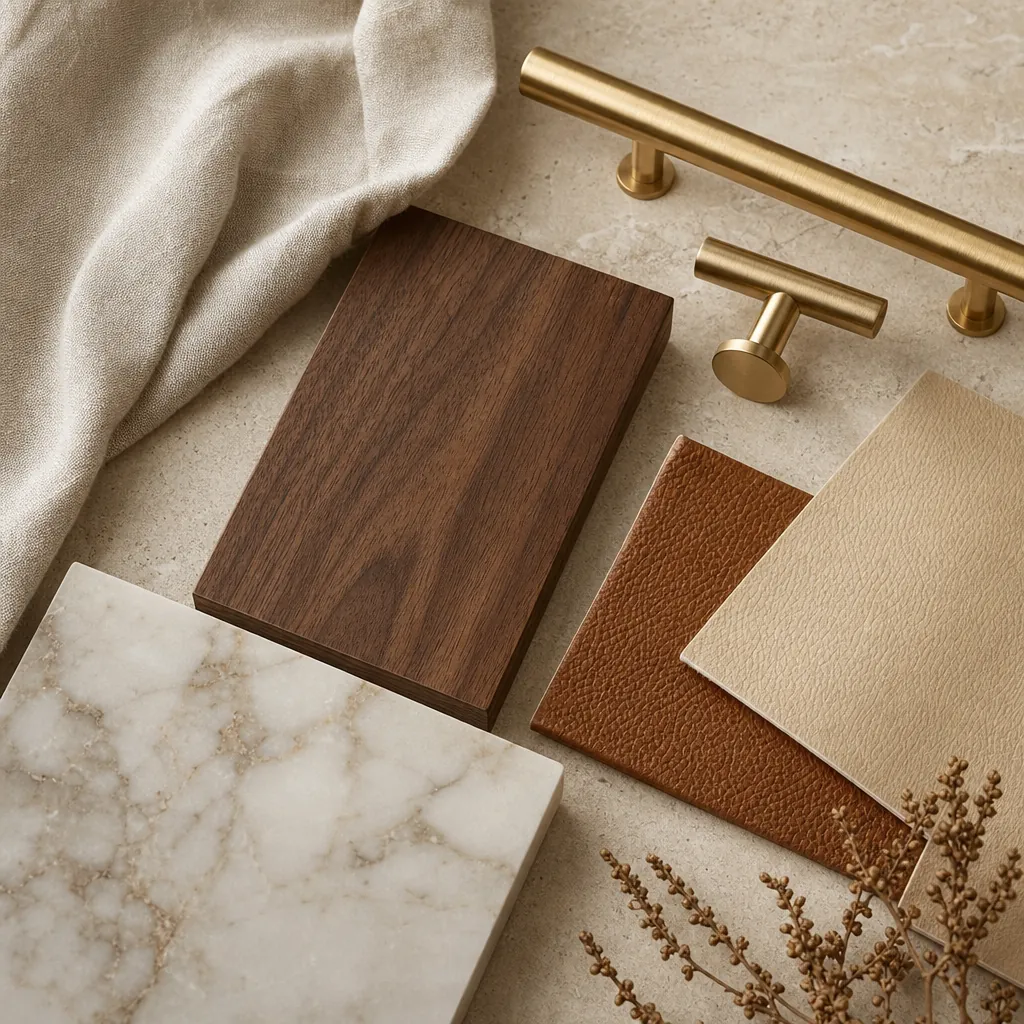 Materials mood board for a custom walk-in closet design in Las Vegas with walnut, brass, marble, and leather swatches