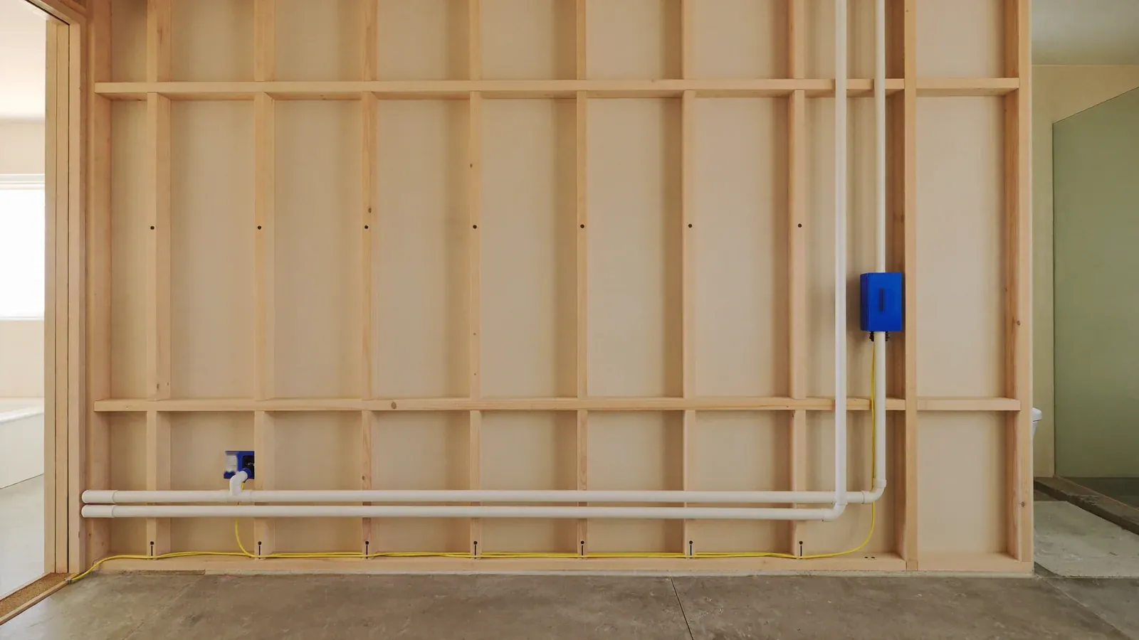 Open bathroom wall showing new plumbing and wiring during a remodel